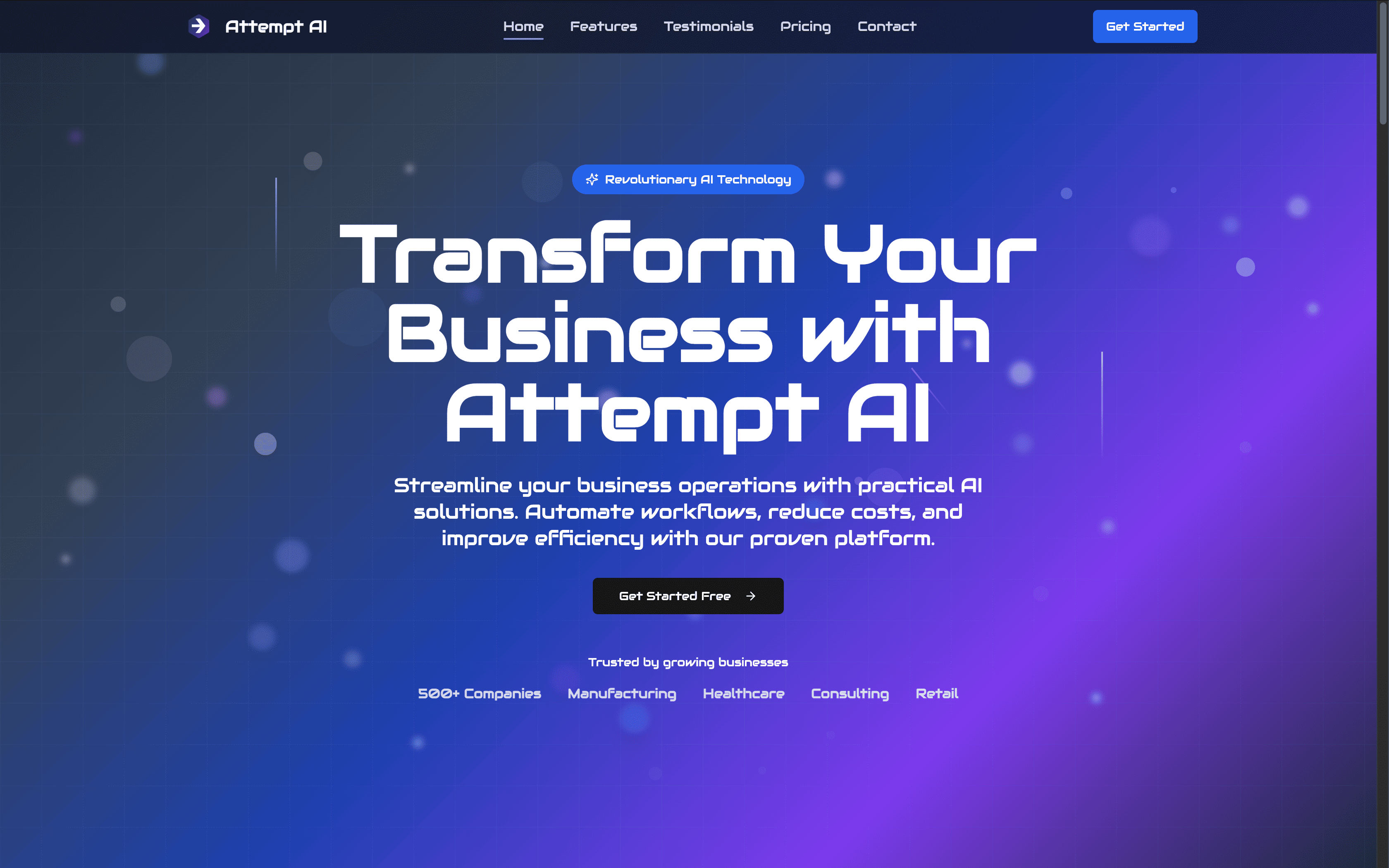 Attempt AI landing page hero with animated background and glowing type
