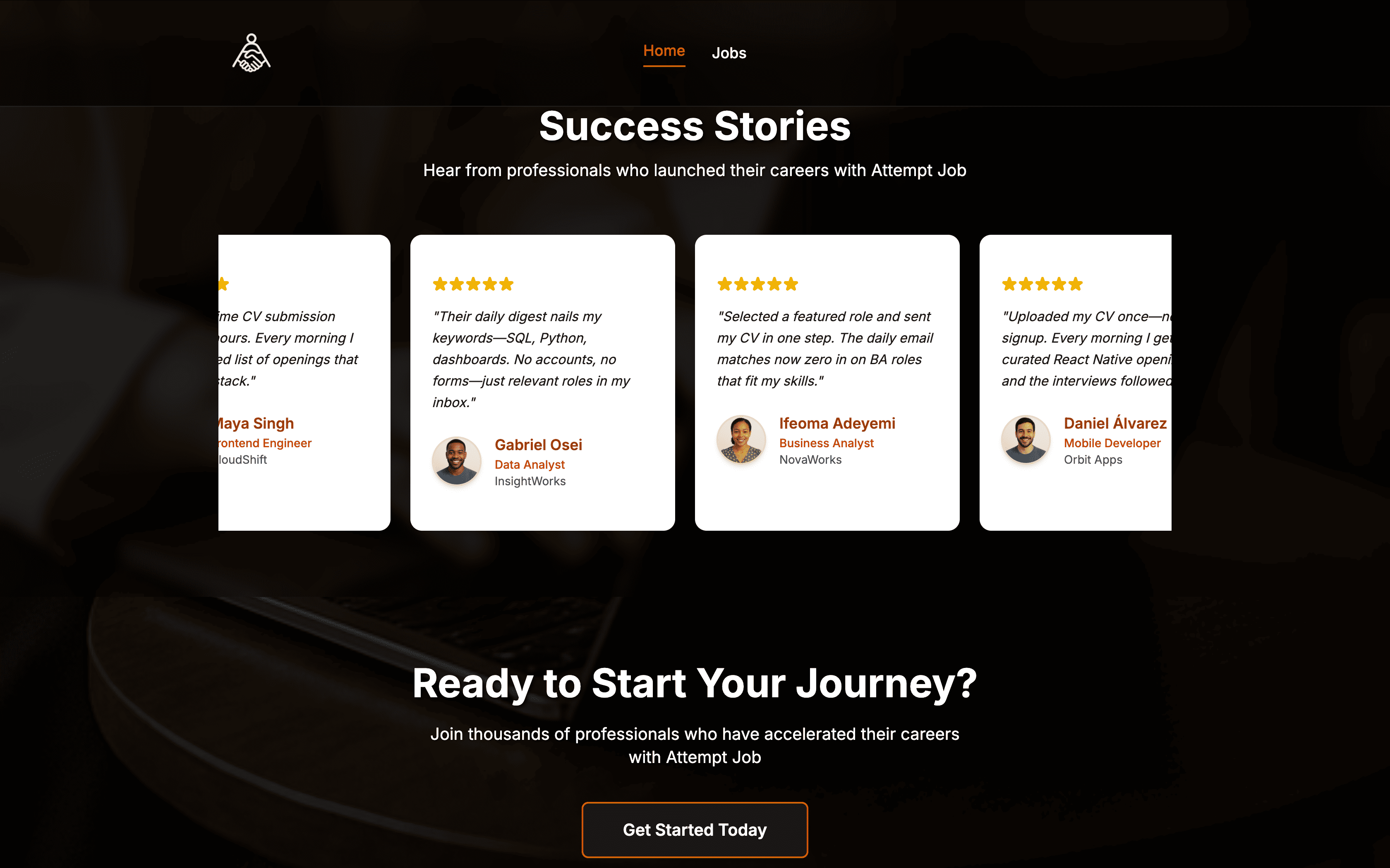Attempt Job platform showing remote roles and an apply form