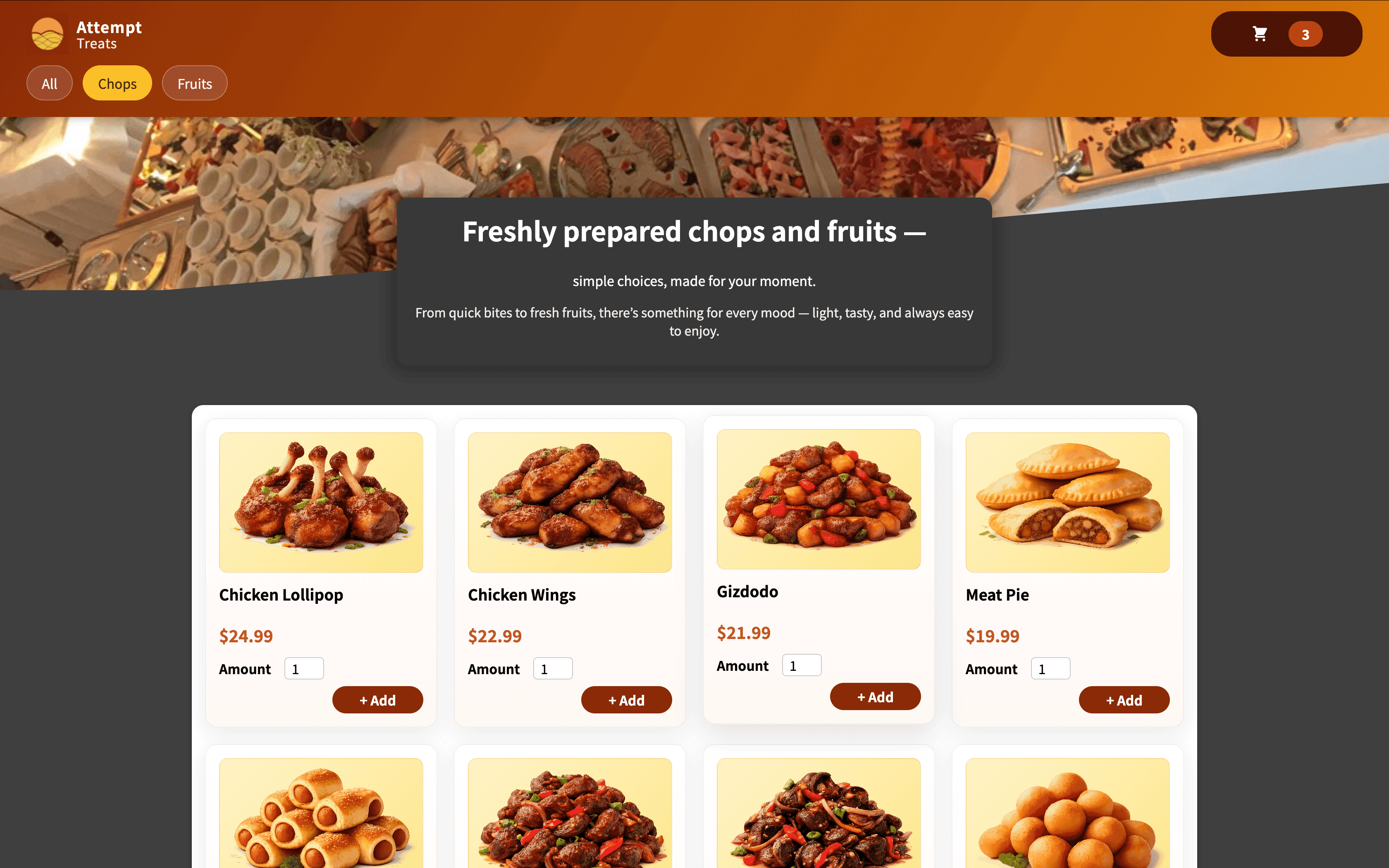 Attempt Treats meals page showing chops and fruits